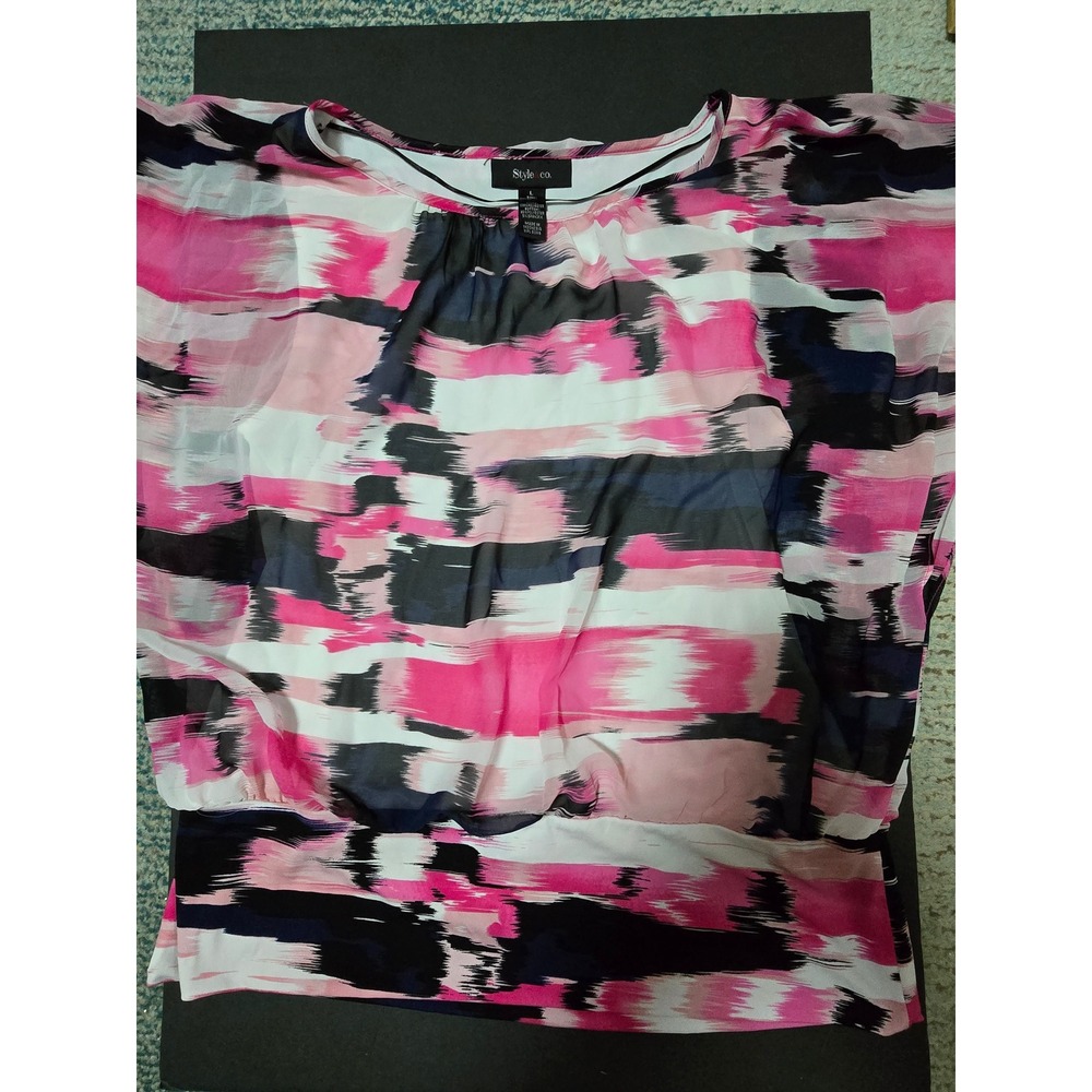Style&Co blouse SZ LG, ruched waist band,‎ abstract pink pattern,work or play